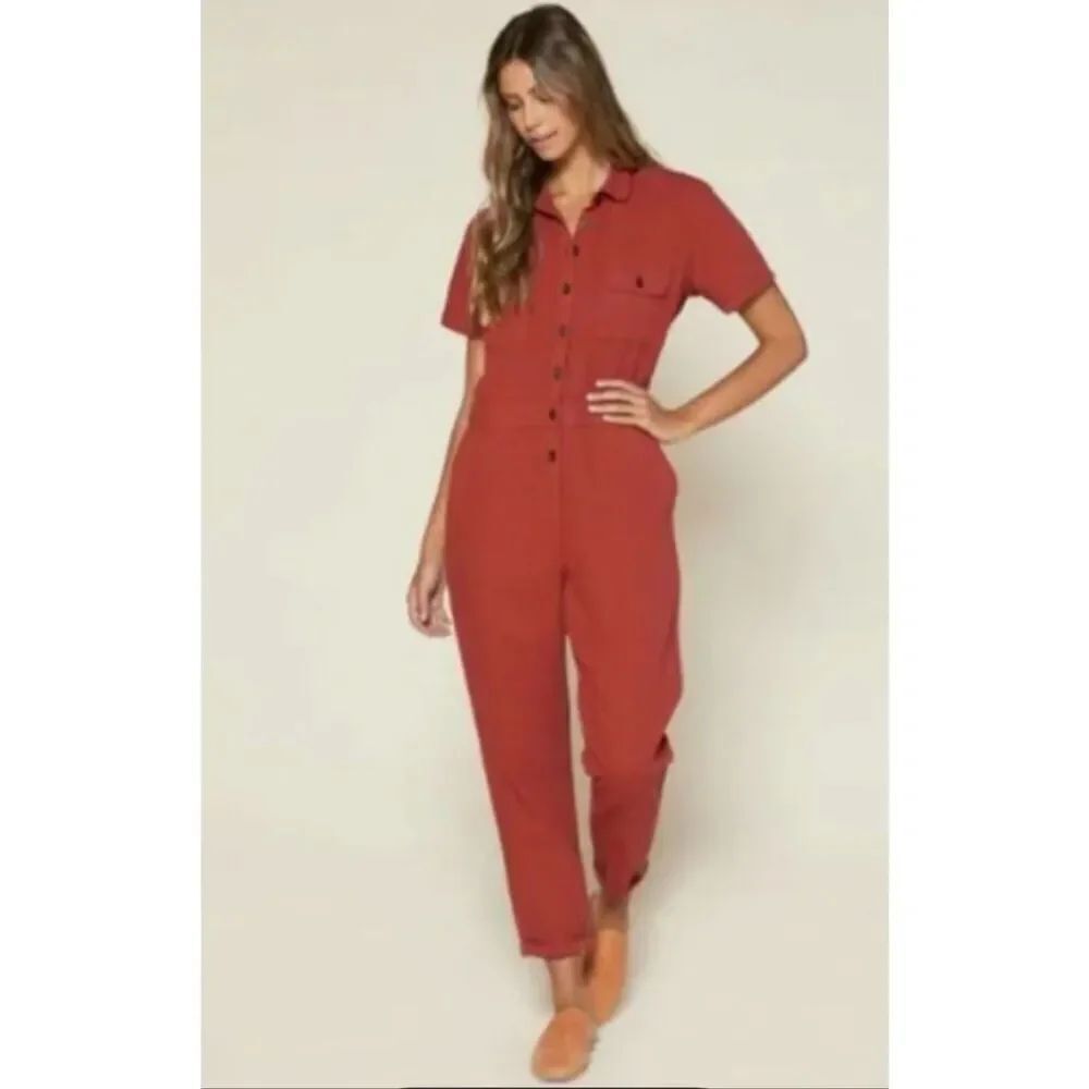 Outerknown S.E.A linen Jumpsuit burnt rust Utility Cargo Pocket Short Sleeve XS
